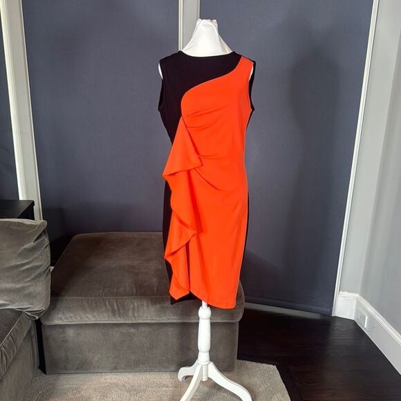 Women’s Black & Orange Asymmetrical Ruffled Front Midi Dress Zip Up Back Size M - Picture 1 of 13